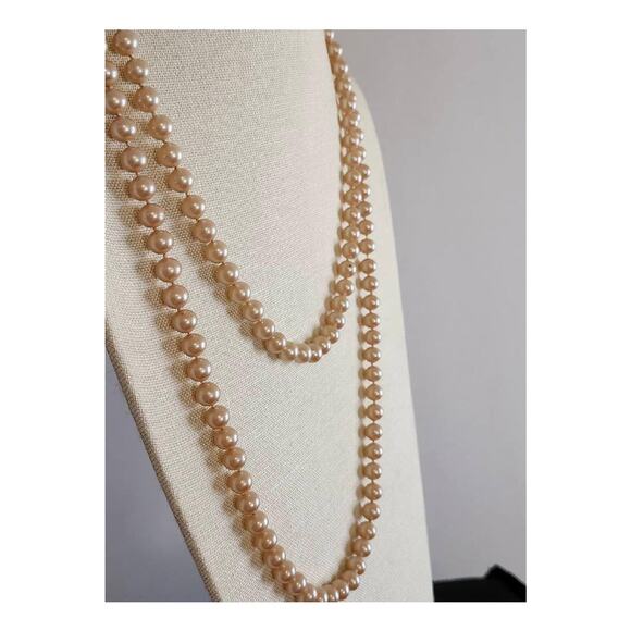 Vintage Cream Champagne Knotted Faux Pearl Necklace, Extra Long, 52" Long - Picture 3 of 11